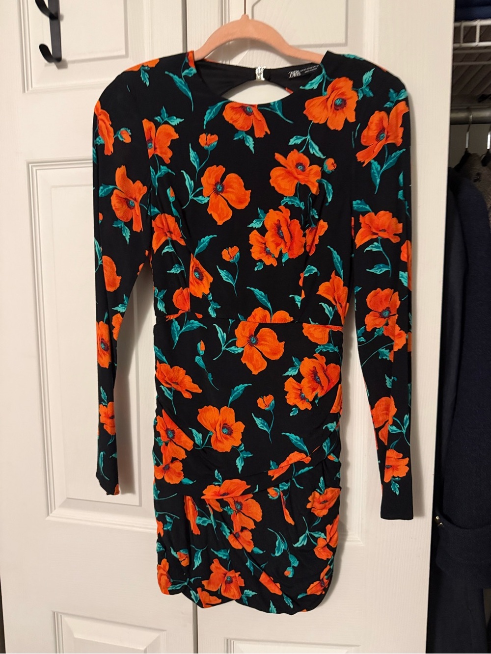 Zara Black Long-Sleeve Dress with Orange Floral Print